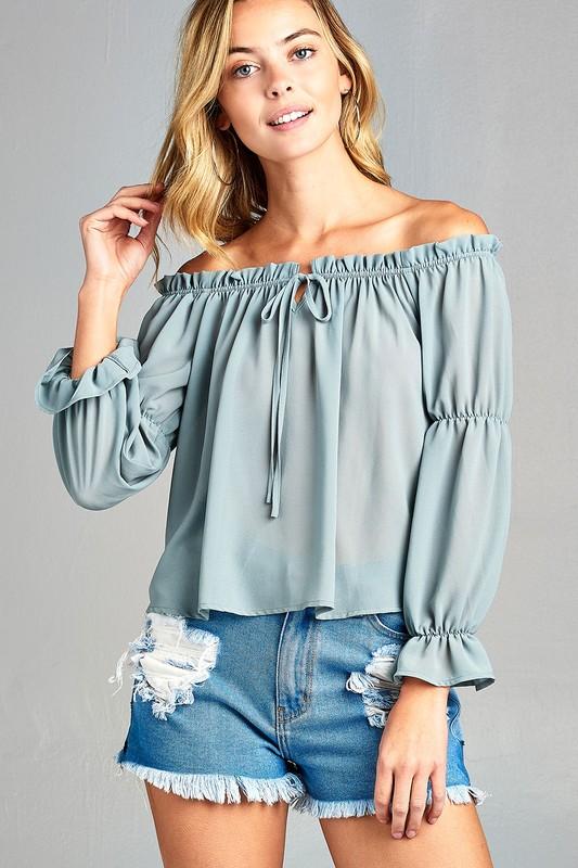 Women's Puff Long Sleeve Ruffled Front Tie Off Shoulder Top