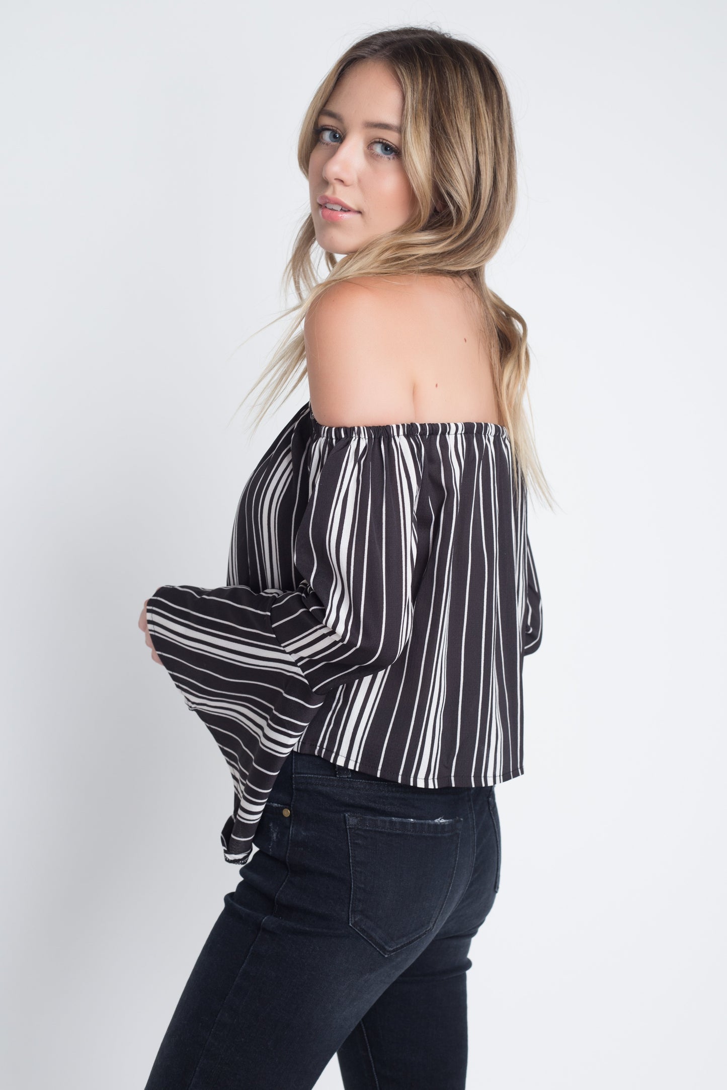 Women's Off Shoulder Casual Stripe Bell Sleeve Top